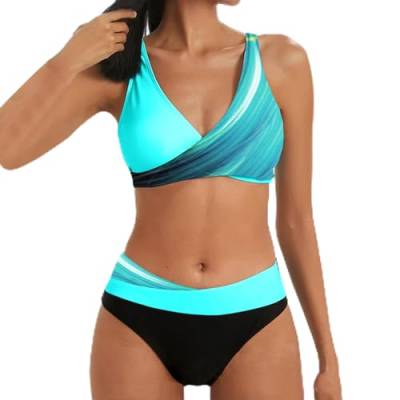 ZZHZGZ Bikini Damen Bauchweg Große Brüste Push Up Bikinioberteil Strandmode Zweiteiliger Badeanzug Damen Badeanzug mit Hoher Taille und Zweiteiligem Set Bauchweg Bademode X-Hellblau, M von ZZHZGZ