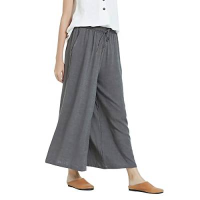 ZZHZGZ Leinenhose Damen Sommer 7/8 Hose Weites Bein Sommer Sommerhosen Leicht Lang Freizeit Hose mit Kordelzug und Taschen Casual Einfarbig Freizeithose Bequeme Leinenhose aus Baumwolle Dunkelgrau M von ZZHZGZ