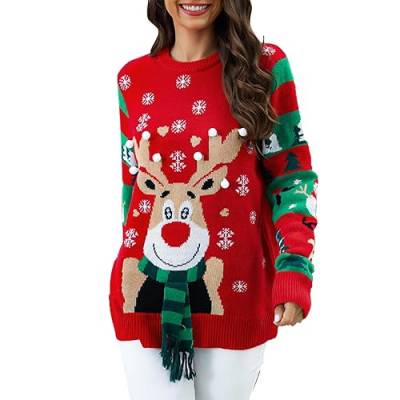 ZZHZGZ Weihnachtspullover Damen 2023 - Pullover Damen Winter Strickkleid Damen Lustig Weihnachtspulli Ugly Christmas Sweater Rundhals Strickpullover mit Reindeer Weihnachts Pullover (Rot, L) von ZZHZGZ