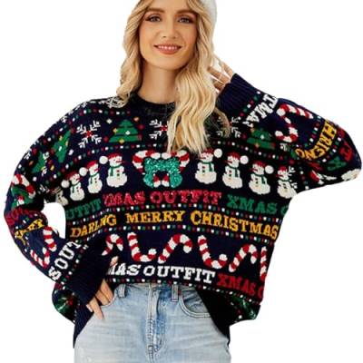 ZZHZGZ Weihnachtspullover Damen 2023 - Pullover Damen Winter Strickkleid Damen Lustig Weihnachtspulli Ugly Christmas Sweater Rundhals Strickpullover mit Reindeer Weihnachts Pullover (T-Blau 02, S) von ZZHZGZ