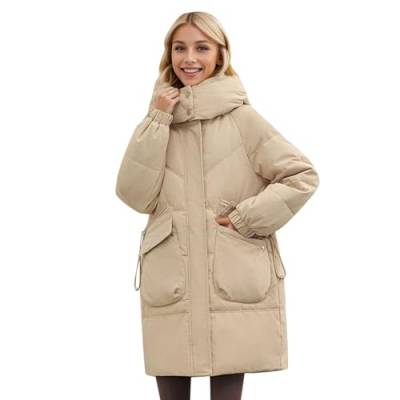 ZZHZGZ Winterjacke Damen 2023 Lang Wintermantel Elegant Damen Daunenjacke Lang Mantel Steppmantel Wintermantel Mit Kapuze Winter Warm Winddicht Jacke Outdoorjacke Steppjacke Steppmantel (Khaki, 3XL) von ZZHZGZ