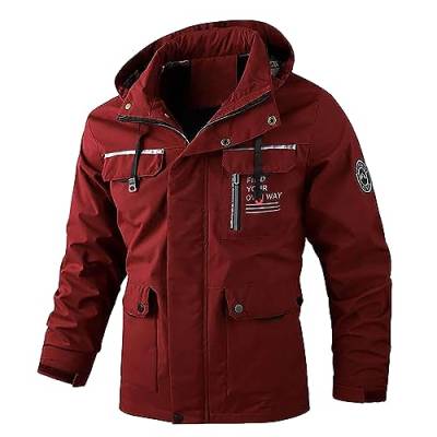 ZZHZGZ Winterjacke Herren Warm Schwarzer Parka Regenjacke Herren Wasserdicht Atmungsaktiv Outdoor Jacke Atmungsaktiver Windbreaker mit Kapuze Klimaschonende Wanderjacke Softshelljacke (Rot, L) von ZZHZGZ