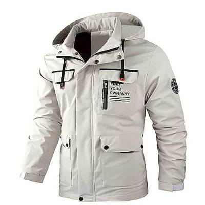 ZZHZGZ Winterjacke Herren Warm Schwarzer Parka Regenjacke Herren Wasserdicht Atmungsaktiv Outdoor Jacke Atmungsaktiver Windbreaker mit Kapuze Klimaschonende Wanderjacke Softshelljacke (Weiß, 3XL) von ZZHZGZ