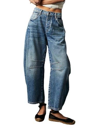 ZZLBUF Modische Baggy-Jeans für Damen, Y2K, mittelhohe Barrel, Denim-Hose, weites Bein, Boyfriend-Jeans mit Taschen, Frühlings- und Sommerhose, dunkelblau, M von ZZLBUF