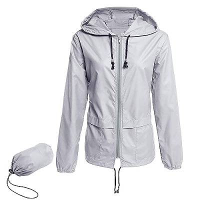 Zando Damen RegenJacke Outdoor Regenmantel Kurzmantel Leicht Jacke Windbreaker mit Kapuze Outdoorjacke Winddicht Windjacke Grau L von Zando