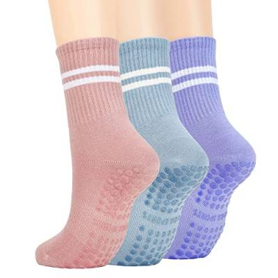 Zando Sneaker Socken Herren und Damen Baumwolle Anti-Rutsch Grip Socken Fussball mit Drei Streifen Yoga Tennissocke 3 Paar Hellblau Pink Lila von Zando