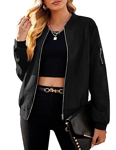 Zeagoo Damen-Bomberjacke aus Wildlederimitat, lässig, mit Reißverschluss, leichter Mantel mit Taschen, schwarz, X-Large von Zeagoo