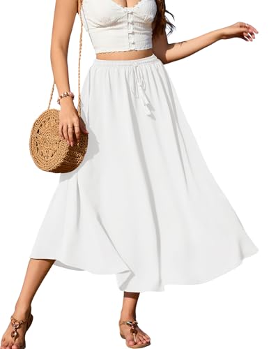 Zeagoo Rock Damen Lang Elegant Hohe Taille Weißer Maxirock Mit Kordelzug Einfarbig Röcke Casual Midi Freizeitrock Hochzeit Cocktail Skirt Frühling Sommer S von Zeagoo