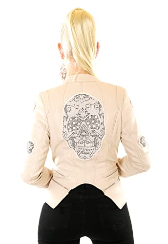 Zeralda Fashion Damen Biker Jacke Glitzer Totenkopf Kunstleder Leder Wet Look Skull S M L XL (as3, numeric, numeric_38, regular, regular, Beige) von Zeralda Fashion