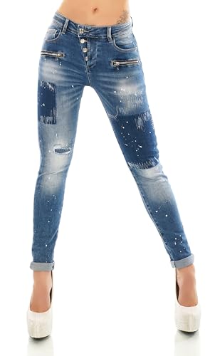 Zeralda Fashion Damen Jeans Hose Skinny Stretch Denim Röhrenjeans Risse Farbflecken Flicken Destroyed Look XS-XL (DE/NL/SE/PL, Alphanumerisch, L, Regular, Regular, Blau-7282) von Zeralda Fashion