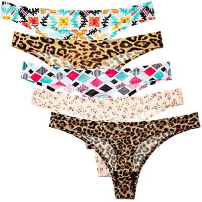 Zooma Damen String Tanga Set, 5er Pack Seamless Unterwäsche Damen Tanga, Leopard und Einfarbig Sexy Nahtlos Unterhosen Damen Slips Hipster Bikini Bunt 2XL von Zooma