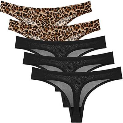 Zooma Damen String Tanga Set, 5er Pack Seamless Unterwäsche Damen Tanga, Leopard und Einfarbig Sexy Nahtlos Unterhosen Damen Slips Hipster Bikini Bunt 2XL von Zooma