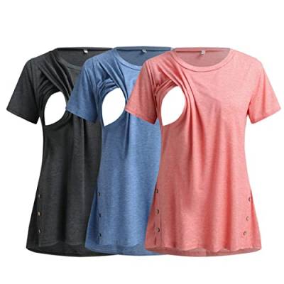 Damen Stillshirt Kurzarm Umstands Nursing T-Shirt Tops Still T-Shirt V-Ausschnitt Schwangere Kurzarm Umstandskleidung Umstandskleid Schwangerschaft Umstandsmode Sommer Tops Umstandstop 3er-Pack von Zshosam