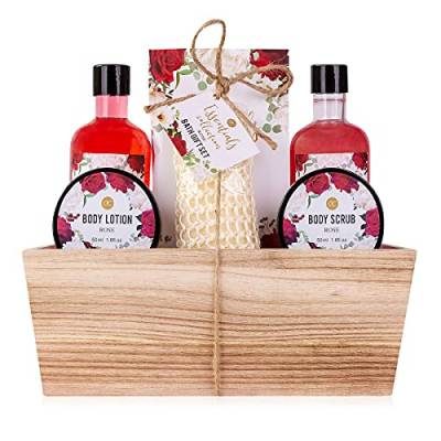 Accentra – Duschset Frauen Geschenkset ROSE im Holzkorb – 6-teiliges Pflegeset mit Duschgel, Schaumbad, Badesalz, Bodylotion & mehr – Wellness Geschenk Set zum Geburtstag, Valentinstag & Weihnachten von accentra