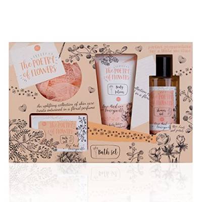 accentra - Geschenkset Frauen POETRY OF FLOWERS 4-teilig - Badeset Geschenk mit Bodylotion, Badesalz, Duschgel & Netzschwamm – Wellness Set für Frauen & Mädchen zum Geburtstag & Valentinstag von accentra