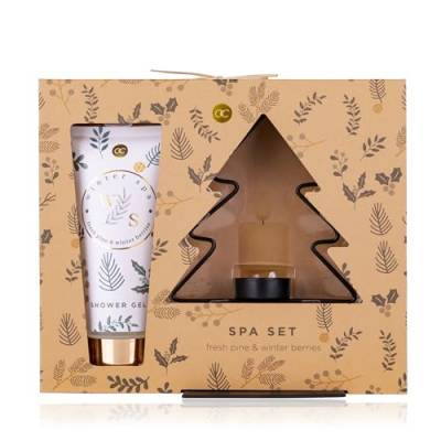 Geschenkset Kerzenständer der Marke Accentra, ideal für Damen - Badeset WINTER SPA in Geschenkbox, inkl. 200ml Duschgel, Kerzenständer in Baumform, Duft: Fresh Pine & Winter Berries von accentra