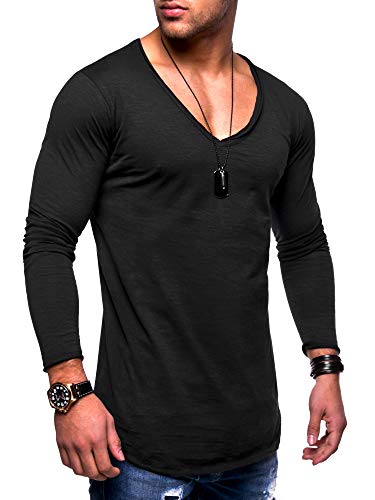 behype. Herren Oversize Longsleeve Langarm T-Shirt V-Neck Ausschnitt 30-0014 (3XL, Schwarz) von behype.