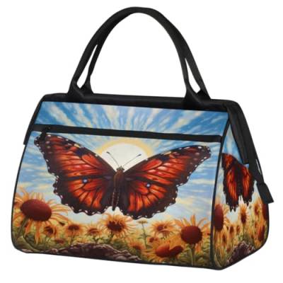 Butterfly Sunflowers Field Sunny Day Gym Bag for Women Men, Travel Sports Duffel Bag with Trolley Sleeve, Waterproof Sports Gym Bag Weekender Overnight Bag Carry On Tote Bag for Travel Gym Sport, von cfpolar