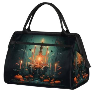 Halloween Kürbis Kerze Druck Turnbeutel für Damen Herren, Reise Sport Duffel Bag mit Trolleyhülle, wasserdichte Sport Gym Bag Weekender Übernachtung Tasche Carry On Tote Bag für Reisen Gym Sport, von cfpolar