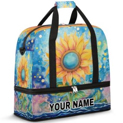 Personalisierbare Reisetasche für Damen und Herren, personalisierbar, Sporttasche mit Schuhfach, faltbare Tanztasche, Wochenendtasche, Übernachtungstasche, Aquarell-Sonnenblume, Wasserfarbe von cfpolar