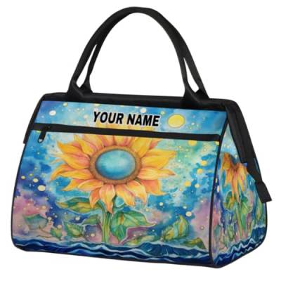 Personalisierte Reisetasche für Damen und Herren, personalisierbar, wasserdicht, Sporttasche, Wochenendtasche, Übernachtungstasche, Handgepäcktasche, Aquarell-Sonnenblume, Wasserfarbe Sonnenblume, von cfpolar