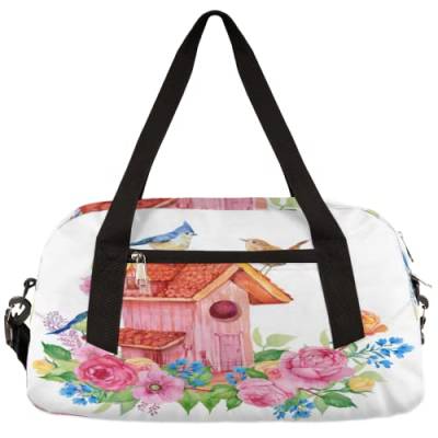 Wasserfarbe Blume Vogel Hütte Kinder Duffle Bag Mädchen Tanztasche Leicht Wasserabweisend Faltbar Sport Gym Bag Weekender Übernachtung Übernachtung Handgepäck Reisetasche für Jungen Mädchen von cfpolar