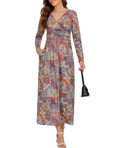 Elegantes Kleid Damen Festlich Lang mit Taschen Blumenkleid Langarm Abschlusskleider Curvy XXL Maxikleid Umstandskleid Partykleid Große Größen A-Linie Herbstkleid Freizeitkleider(Mehrfarbig,XXL) von chuangminghangqi