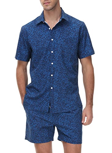 donhobo Herren Hemd Casual Floral Blumenmuster Kurzarm Hawaiihemd Shorts Set Urlaub Sommer Strandshorts Freizeithemden (Schwarz Blau, XL) von donhobo