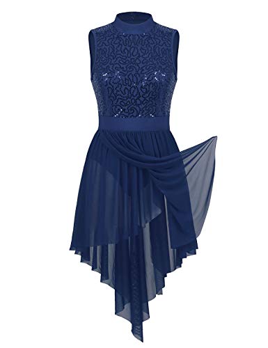 iEFiEL Damen Glitzer Ballettkleid Pailletten Ballettkleidung Ballett Trikot Swing Kleid Latein Tanzkleid mit Unregelmäßig Rock Leotards Trikot Kleider A Marineblau XS von iEFiEL