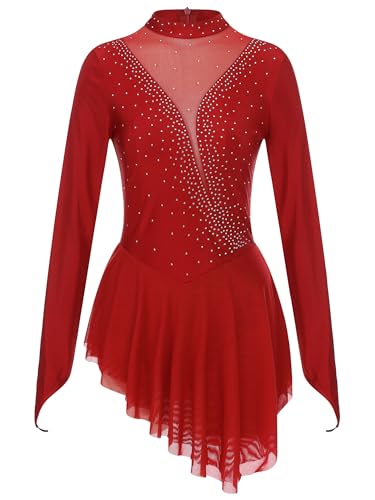 iEFiEL Damen Tanzkleid Patchwork Eiskunstlauf Kleid Ballettanzug mit Strass Rollkunstlauf Wettbewerb Tanzkostüm Kürkleid Burgundy XL von iEFiEL