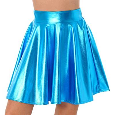 iEFiEL Damen Wetlook Rock Kurze Minirock Shiny Metallic Plisseerock Mini Skater Rock Low Rise Röcke Tanz Tutu Party Club Kostüm Blau B XL von iEFiEL