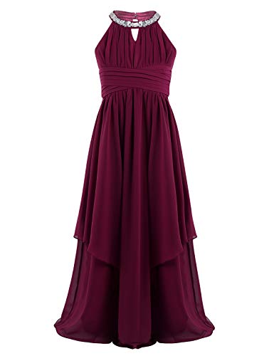 iEFiEL Mädchen Kleider Festlich Neckholder Strass Prinzessin Kleid Blumenmädchenkleid mit 2 Lage Rock Hochzeit Partykleid Lang Faltenrock Gr. 116-176 Burgundy 152 von iEFiEL