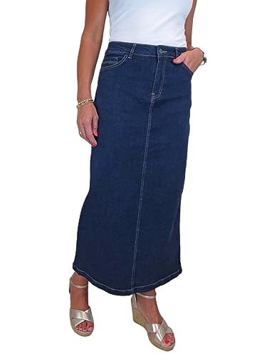 Damen Maxi Long Jeans Rock Sehr Dehnbarer Denim Indigo Blau 36-48 (38) von icecoolfashion