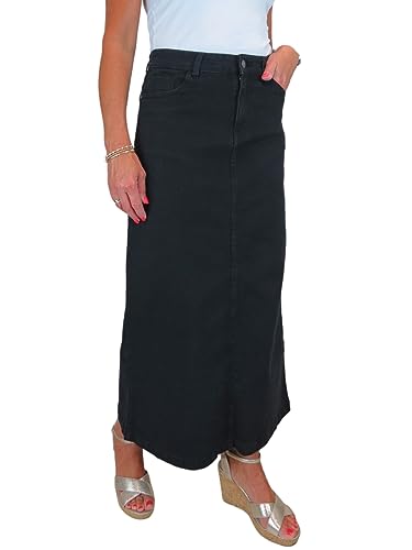 Damen Maxi Long Jeans Rock Sehr Dehnbarer Denim Schwarz 36-48 (38) von icecoolfashion