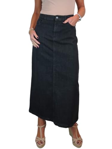 Damen Maxi Long Jeans Rock Sehr Dehnbarer Denim Schwarz Gewaschen 36-48 (36) von icecoolfashion