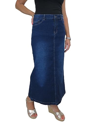 Damen Maxi Long Jeans Rock Sehr Dehnbarer Denim Verblasstes Dunkelblau 36-48 (36) von icecoolfashion