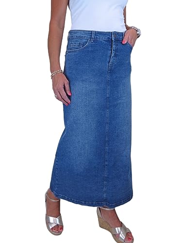Damen Maxi Long Jeans Rock Sehr Dehnbarer Denim Verblasstes Mittelblau 36-48 (36) von icecoolfashion