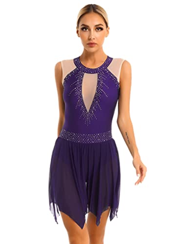 iiniim Damen Ballettkleid Neckholder Eiskunstlauf Kleider mit Strass Asymmetrisch Rock Gymnastik Turnanzug Leotard Tanzkleid S-XXL D Lila XXL von iiniim