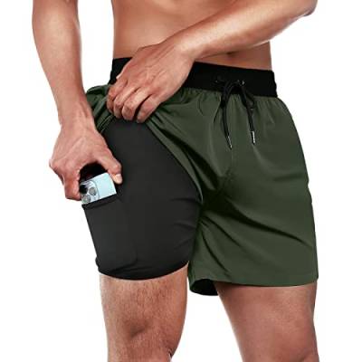 ineepor Badehose Herren mit Kompression Badehose mit innenhose Board Shorts 2 in 1 Reißverschlusstasche kurz Badehose,Schwarz&armeegrün,XS von ineepor