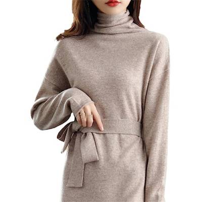 keusyoi Damen-Herbst-Rollkragenpullover, Modisches Gürtel-Langes Kleid Mit Einfarbigen Strickoberteilen, Wollkleid von keusyoi