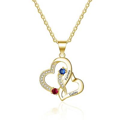 Lorajewel Halskette Damen mit Gravur 2 Namen Herz Kette mit 2 Geburtsstein Sterling Silber 925 Muttertagsgeschenk Mutter Tochter Kette Gold von lorajewel