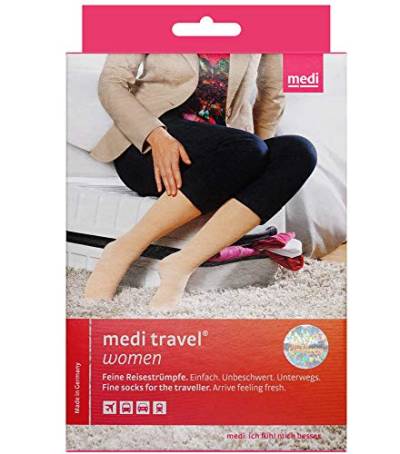 medi Travel Women Kompressionsstrümpfe Kniestrümpfe | Amtungsaktive Reisestrümpfe mit weichem Abschlussrand | KKL1 | Größe M | Caramel | Geschl. Spitze | Kurz von medi