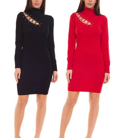 melrose Damen Mini-Kleid Strick-Kleid mit Schnürung und Rollkragen Rot oder Schwarz von melrose