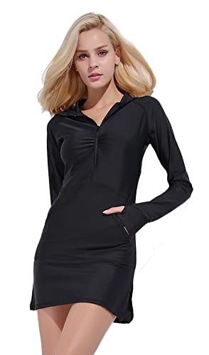 Damen Langarm Rash Guard Shirt mit Kapuze Workout Top Neoprenanzug Badeanzug UPF 50+ (Black, L) von nadamuSun