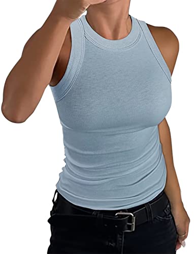 nicticsi Damen Tanktop Ärmellose Rundhals Oberteile Basic Sommer Racerback Slim Fit Neckholder Shirts Elegant Ribbed Knit Cami Top Mode Einfarbig Unterhemden Crop Tops A Hellblau M von nicticsi