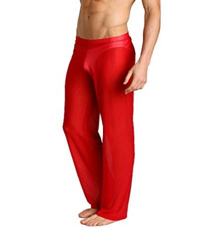 Herren Hose transparent Netz Nachtwäsche Männer Reizvoll Unterwäsche Nylon Hose Herren Mesh durchsichtige Lange Hose Sheer Pant Männer Hose Netz-Stoff aus feinster Tüll Stoff (Rot, M) von nyk