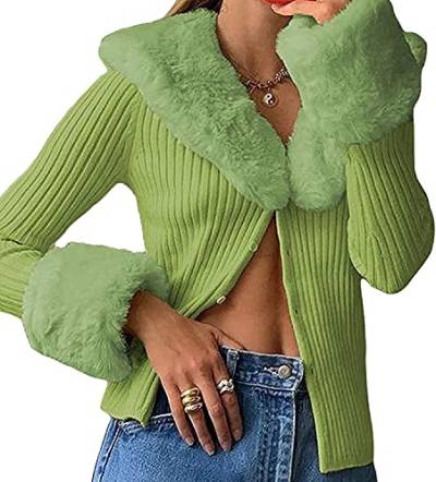 Y2k Warme Strickjacke Damen Strickpullover mit Fell Einreihiger Fellkragen Flauschiger Pelzmantel Strickpullover Slim Bluse Streetwear, grün, S von oytto