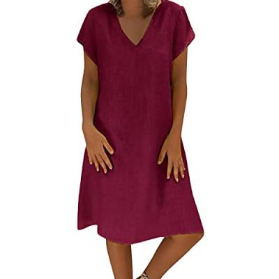 Sommerkleid Damen Leinen Kleider Casual V-Ausschnitt Midikleid Kurzarm A-Linie Kleid Strandkleid Ohne Zubehör Sommerkleid von pvucpot