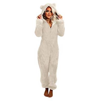 riou Damen Jumpsuit Schlafanzug Einteiler Winter Warm Fleece Kuschelig Lang Schlafoverall Pyjama Hausanzug mit Kapuze & Reißverschluss von riou