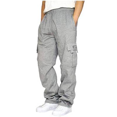 riou Jogginghose Herren Baumwolle Offener Beinabschluss mit Taschen Breite Beine Jogger Cargo Hose Sporthose von riou